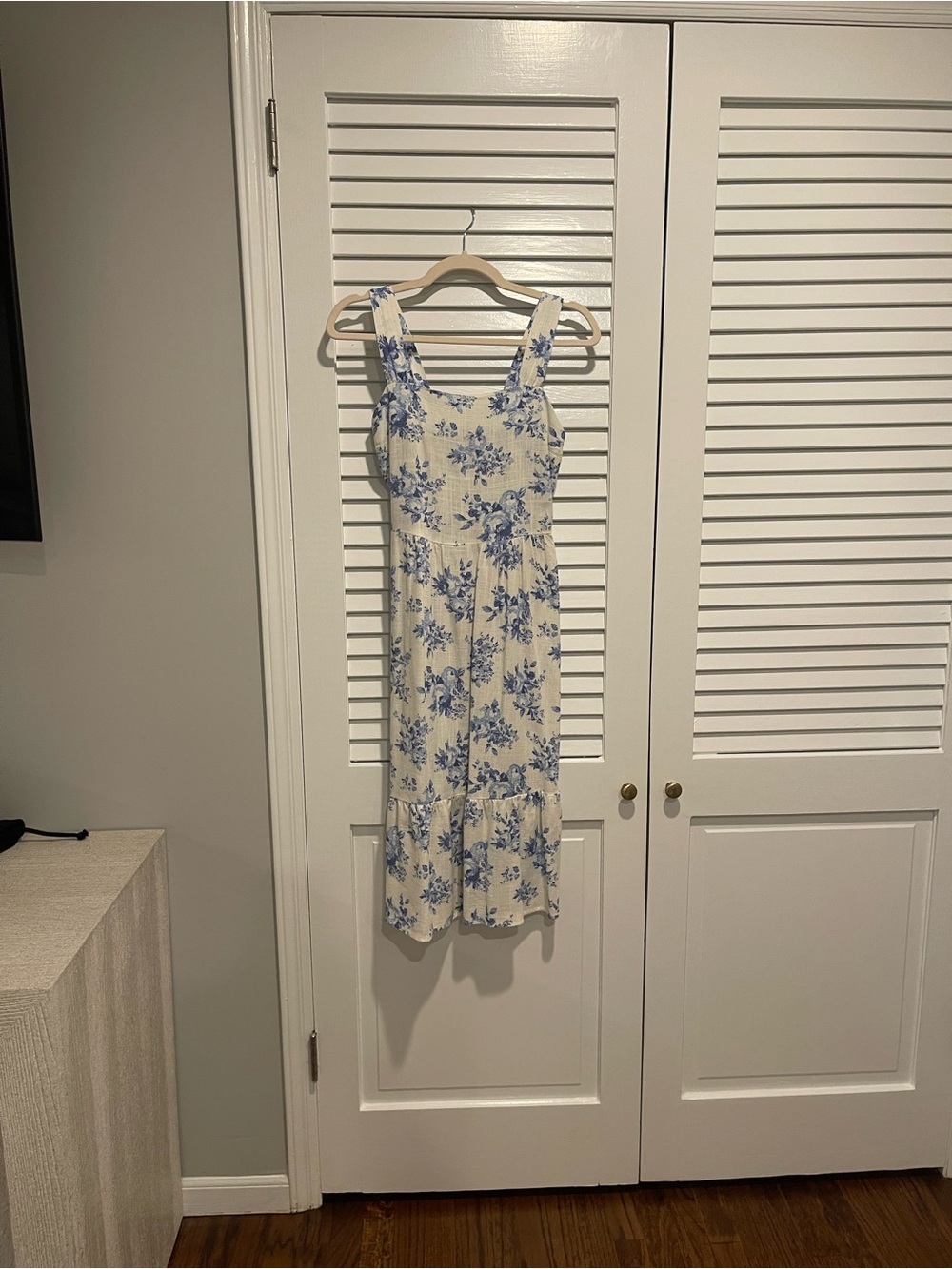 Monteau Cream Midi Dress with Blue Floral Print